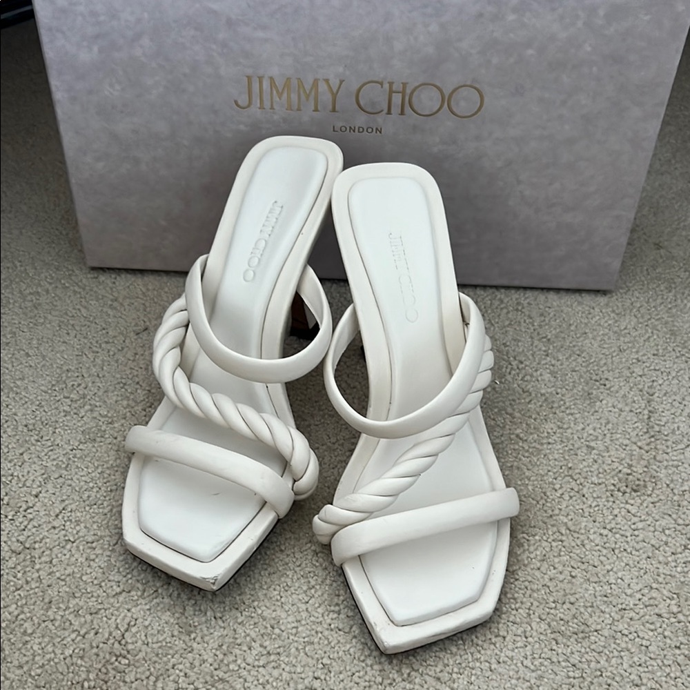 Jimmy Choo White Heels with Square-Toe Design